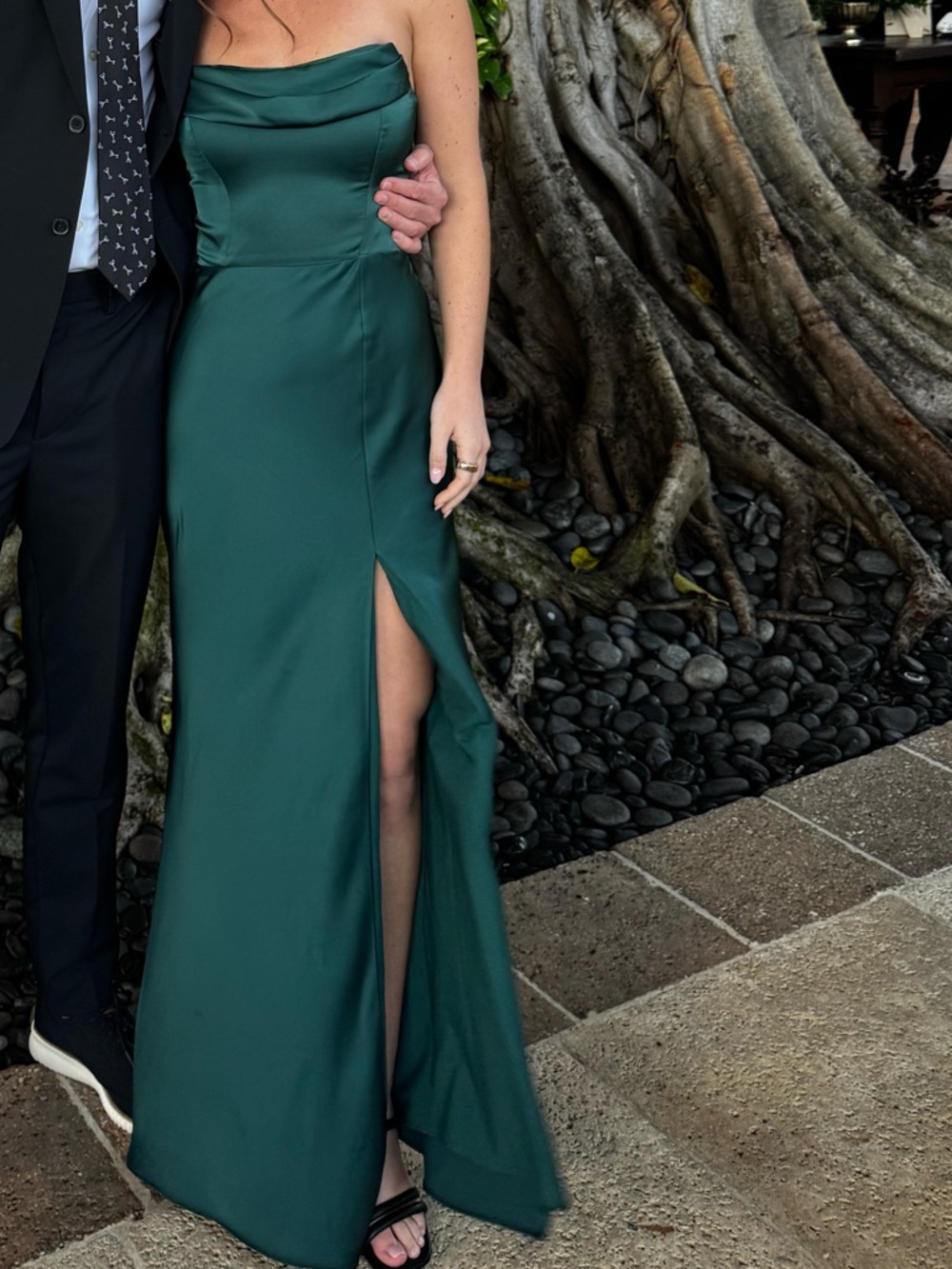 Birdy Grey Strapless Emerald Green Satin Gown with Thigh Slit